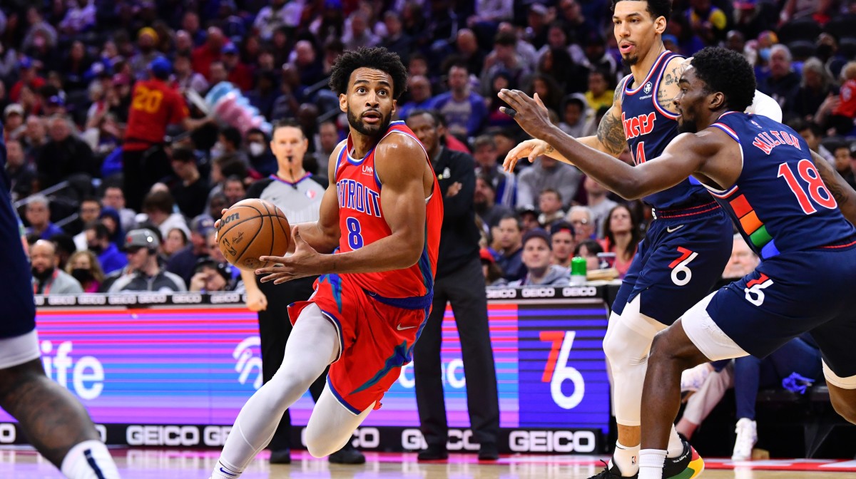 Detroit Pistons guard Braxton Key (8) drives in the second quarter against the Philadelphia 76ers at Wells Fargo Center.